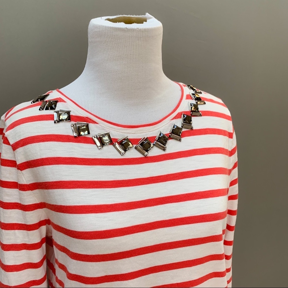 Crew Red Striped Tee with Jeweled Neckline, M. - Picture 5 of 5